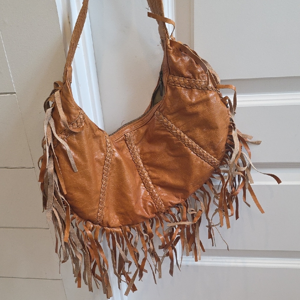 Fringed Tan Leather Shoulder Bag